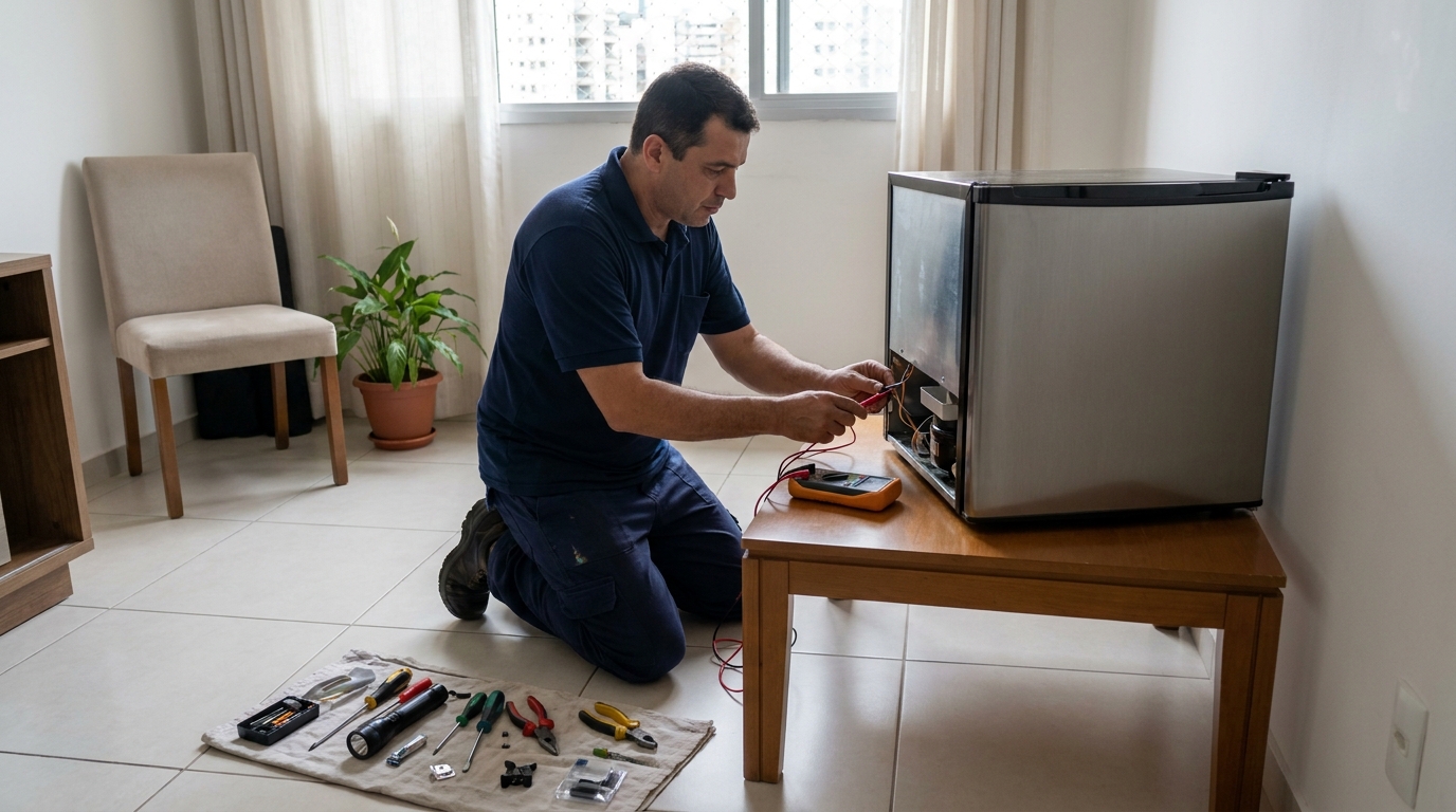 Técnico fazendo manutenção do motor de frigobar em Marília‑SP
