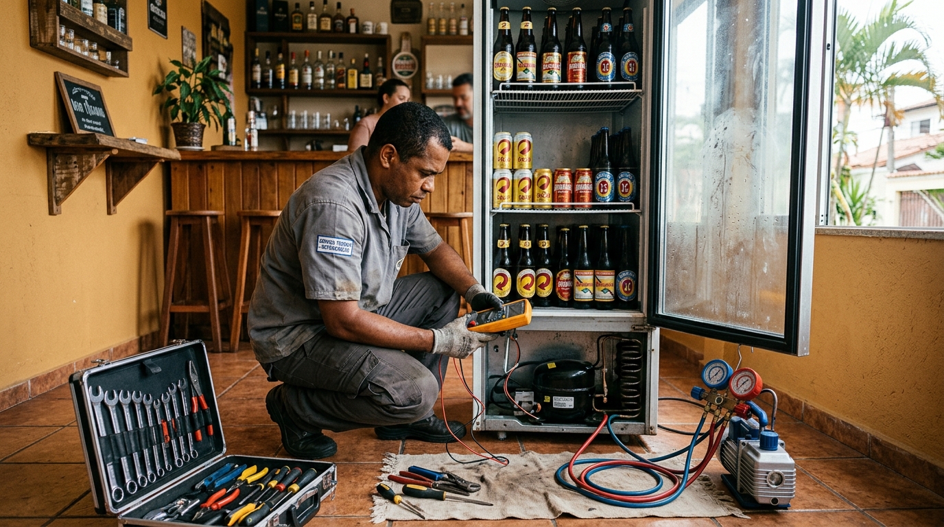 Substituição de termostato de cervejeira em serviço técnico em Marília‑SP